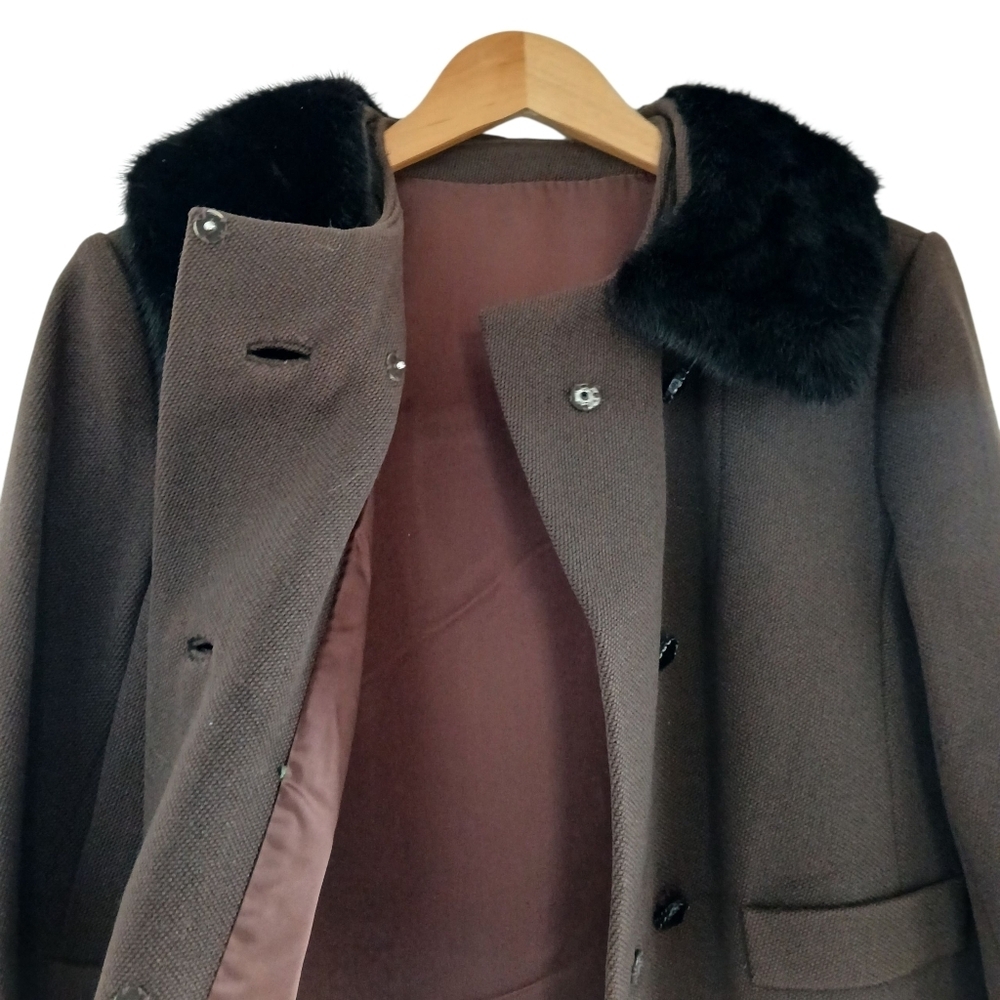 Vintage 50's MCM Meir & Frank Co.Coat Brynwood Mink Fur Trim Brown Wool Union